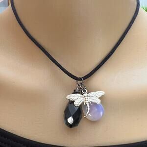 Dragonfly Oxidized Silver Wire Wrapped Gem Pendant